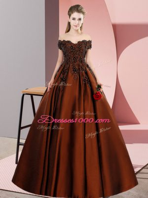 Sumptuous Off The Shoulder Sleeveless Ball Gown Prom Dress Floor Length Lace and Appliques Brown Satin