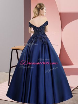 Sumptuous Off The Shoulder Sleeveless Ball Gown Prom Dress Floor Length Lace and Appliques Brown Satin