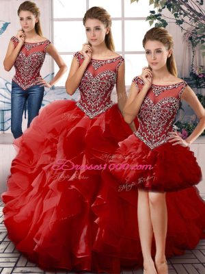 Sleeveless Organza Floor Length Lace Up Sweet 16 Dress in Red with Beading and Ruffles
