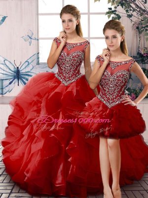 Sleeveless Organza Floor Length Lace Up Sweet 16 Dress in Red with Beading and Ruffles