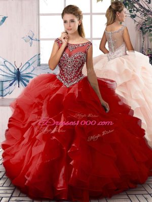 Sleeveless Organza Floor Length Lace Up Sweet 16 Dress in Red with Beading and Ruffles