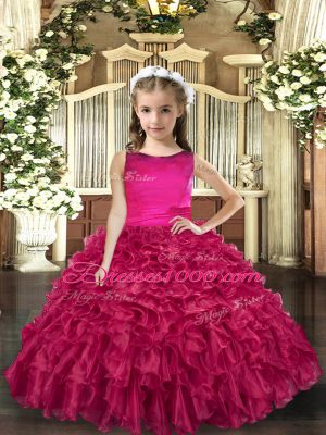 Floor Length Fuchsia Juniors Party Dress Scoop Sleeveless Lace Up