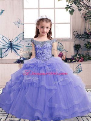 Excellent Lavender Sleeveless Beading Floor Length Little Girl Pageant Gowns