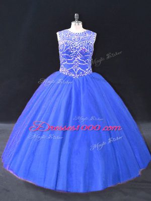 Cheap Ball Gowns Vestidos de Quinceanera Blue Scoop Tulle Sleeveless Floor Length Lace Up
