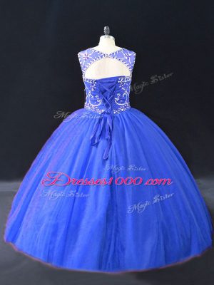 Cheap Ball Gowns Vestidos de Quinceanera Blue Scoop Tulle Sleeveless Floor Length Lace Up