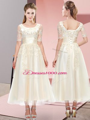 Extravagant Tea Length Lace Up Quinceanera Court of Honor Dress Champagne for Wedding Party with Beading and Lace