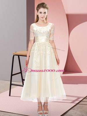 Extravagant Tea Length Lace Up Quinceanera Court of Honor Dress Champagne for Wedding Party with Beading and Lace