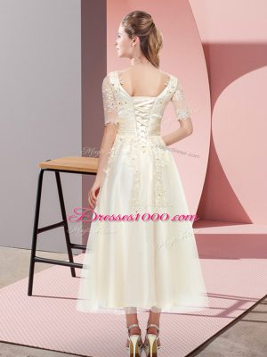 Extravagant Tea Length Lace Up Quinceanera Court of Honor Dress Champagne for Wedding Party with Beading and Lace