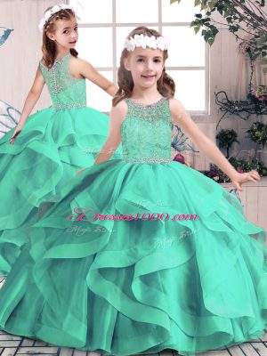 Tulle Sleeveless Floor Length 15 Quinceanera Dress and Beading and Lace and Ruffles