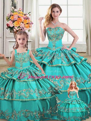 Dazzling Aqua Blue Lace Up Sweet 16 Dresses Embroidery and Ruffled Layers Sleeveless Floor Length