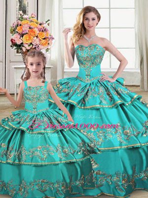 Dazzling Aqua Blue Lace Up Sweet 16 Dresses Embroidery and Ruffled Layers Sleeveless Floor Length