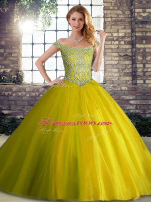 Smart Yellow Green Tulle Lace Up Quinceanera Dresses Sleeveless Brush Train Beading