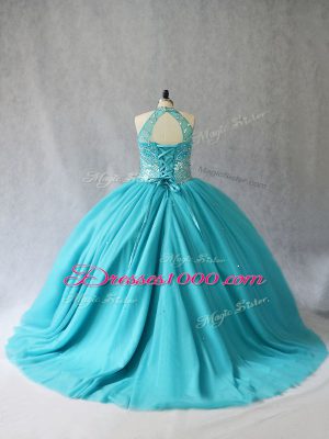 Modest Aqua Blue Halter Top Neckline Beading Sweet 16 Quinceanera Dress Sleeveless Lace Up