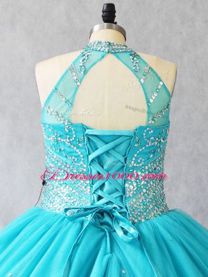 Modest Aqua Blue Halter Top Neckline Beading Sweet 16 Quinceanera Dress Sleeveless Lace Up