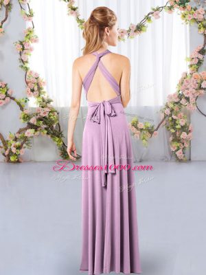 Extravagant Sleeveless Floor Length Ruching Criss Cross Quinceanera Dama Dress with Lavender