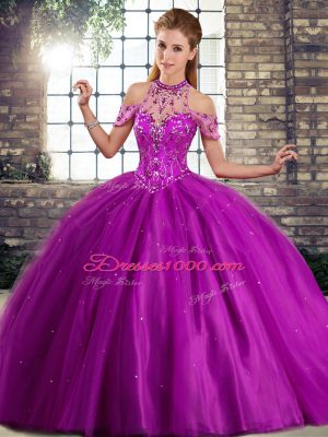 Ball Gowns Sleeveless Purple Sweet 16 Quinceanera Dress Brush Train Lace Up