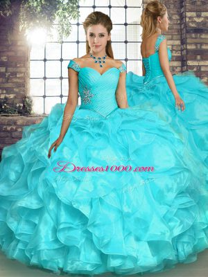 Luxury Aqua Blue Ball Gowns Organza Off The Shoulder Sleeveless Beading and Ruffles Floor Length Lace Up 15 Quinceanera Dress