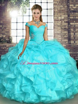 Luxury Aqua Blue Ball Gowns Organza Off The Shoulder Sleeveless Beading and Ruffles Floor Length Lace Up 15 Quinceanera Dress