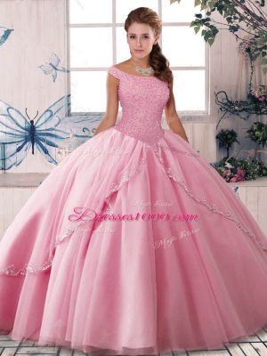 Romantic Rose Pink Sweet 16 Quinceanera Dress Military Ball and Sweet 16 and Quinceanera with Beading Off The Shoulder Sleeveless Brush Train Lace Up