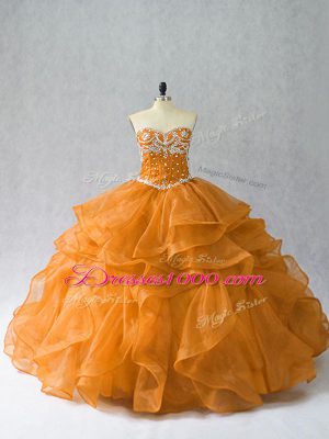 Charming Beading and Ruffles Sweet 16 Dress Orange Lace Up Sleeveless Floor Length