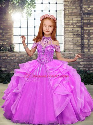 Beauteous Lilac Organza Lace Up Party Dress for Girls Sleeveless Floor Length Beading