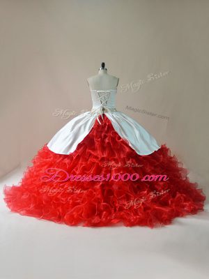 Captivating White And Red Sleeveless Brush Train Embroidery and Ruffles Floor Length 15 Quinceanera Dress