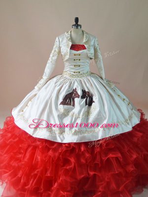 Captivating White And Red Sleeveless Brush Train Embroidery and Ruffles Floor Length 15 Quinceanera Dress