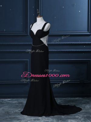 Brush Train Mermaid Prom Dresses Black Straps Chiffon Sleeveless Backless