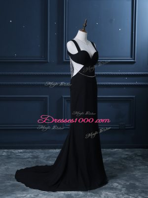 Brush Train Mermaid Prom Dresses Black Straps Chiffon Sleeveless Backless