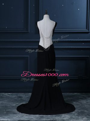 Brush Train Mermaid Prom Dresses Black Straps Chiffon Sleeveless Backless