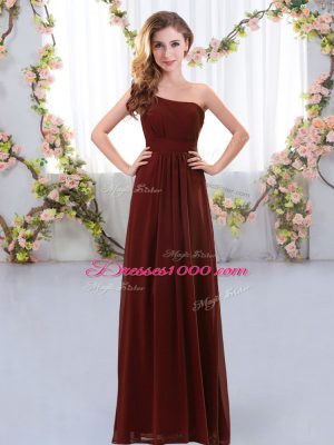 Exceptional One Shoulder Sleeveless Quinceanera Court of Honor Dress Floor Length Ruching Brown Chiffon