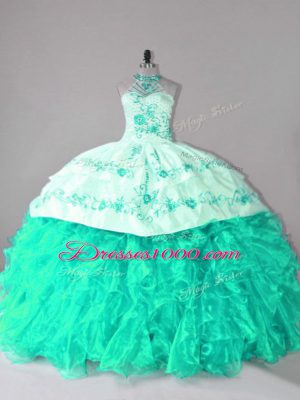 Admirable Turquoise Halter Top Lace Up Embroidery and Ruffles Sweet 16 Dress Court Train Sleeveless