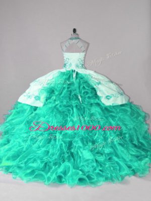 Admirable Turquoise Halter Top Lace Up Embroidery and Ruffles Sweet 16 Dress Court Train Sleeveless