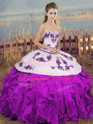 Exceptional White And Purple Lace Up Sweetheart Embroidery and Ruffles and Bowknot Quinceanera Dresses Organza Sleeveless