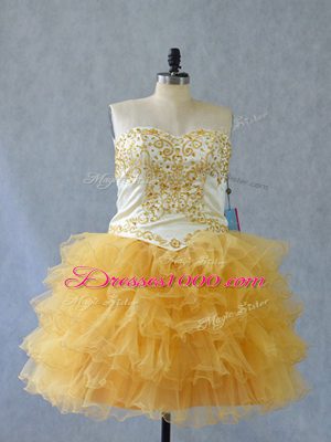 Sleeveless Mini Length Beading and Ruffles Lace Up Custom Made with Yellow