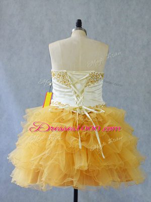 Sleeveless Mini Length Beading and Ruffles Lace Up Custom Made with Yellow