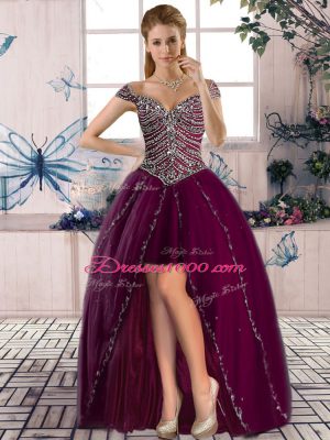 Flirting Brush Train Ball Gowns Quinceanera Dresses Purple Sweetheart Tulle Cap Sleeves Lace Up