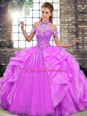 Colorful Halter Top Sleeveless 15 Quinceanera Dress Floor Length Beading and Ruffles Lilac Organza