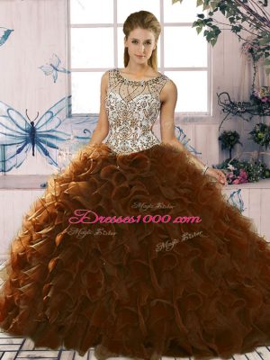 Cheap Brown Organza Lace Up 15 Quinceanera Dress Sleeveless Floor Length Beading and Ruffles