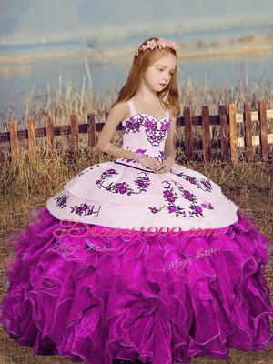 Classical Straps Sleeveless Little Girls Pageant Dress Wholesale Floor Length Embroidery and Ruffles Fuchsia Organza