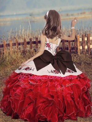 Classical Straps Sleeveless Little Girls Pageant Dress Wholesale Floor Length Embroidery and Ruffles Fuchsia Organza