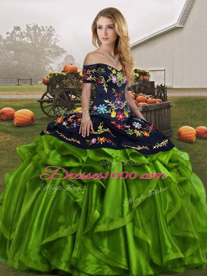 Green Organza Lace Up Off The Shoulder Sleeveless Floor Length Sweet 16 Quinceanera Dress Embroidery and Ruffles
