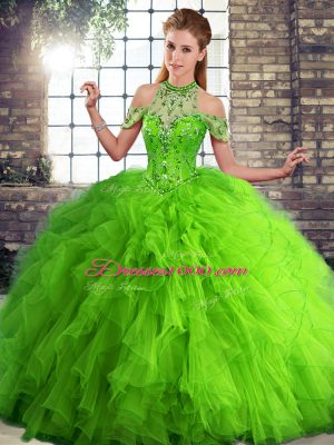 Comfortable Halter Top Sleeveless Lace Up Quince Ball Gowns Green Tulle