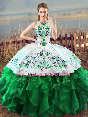 High Class Floor Length Green Sweet 16 Dress Organza Sleeveless Embroidery and Ruffles
