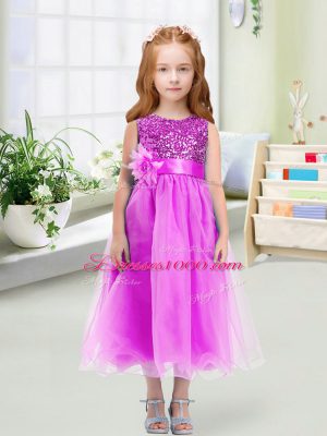 Most Popular Tea Length Lilac Toddler Flower Girl Dress Organza Sleeveless Sequins and Hand Made Flower