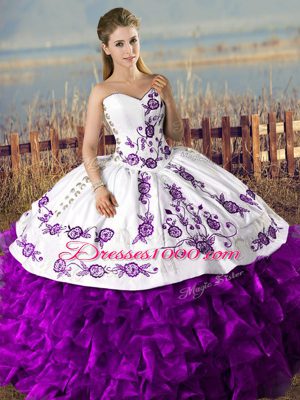 Comfortable White And Purple Ball Gowns Sweetheart Sleeveless Organza Floor Length Lace Up Embroidery and Ruffles Sweet 16 Quinceanera Dress