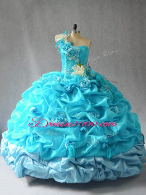 Smart Aqua Blue Lace Up 15th Birthday Dress Pick Ups and Hand Made Flower Sleeveless Floor Length