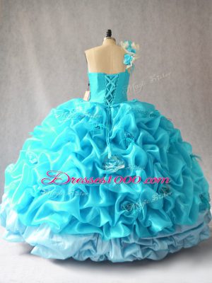 Smart Aqua Blue Lace Up 15th Birthday Dress Pick Ups and Hand Made Flower Sleeveless Floor Length