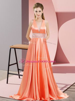 Orange Red Empire Elastic Woven Satin V-neck Sleeveless Beading Backless Prom Dresses Brush Train