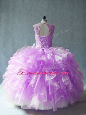 Fashionable Organza Scoop Sleeveless Lace Up Beading and Ruffles Quinceanera Gown in Lilac